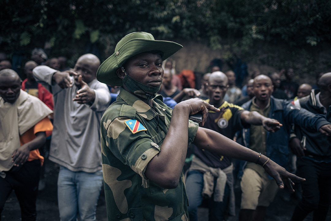 A Congolese soldier leads a session to enroll new recruits into the army to go to the front against the M23 rebellion in Goma, November 7, 2023.