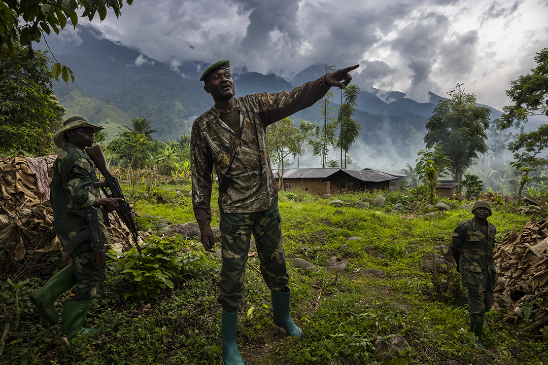 A Congolese army major points out the routes the Allied Democratic Forces (ADF) have used to come attack the village of Mwenda in North Kivu, April 7, 2021.